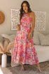 Pink Abstract Floral Print Shirred One Shoulder Maxi Dress